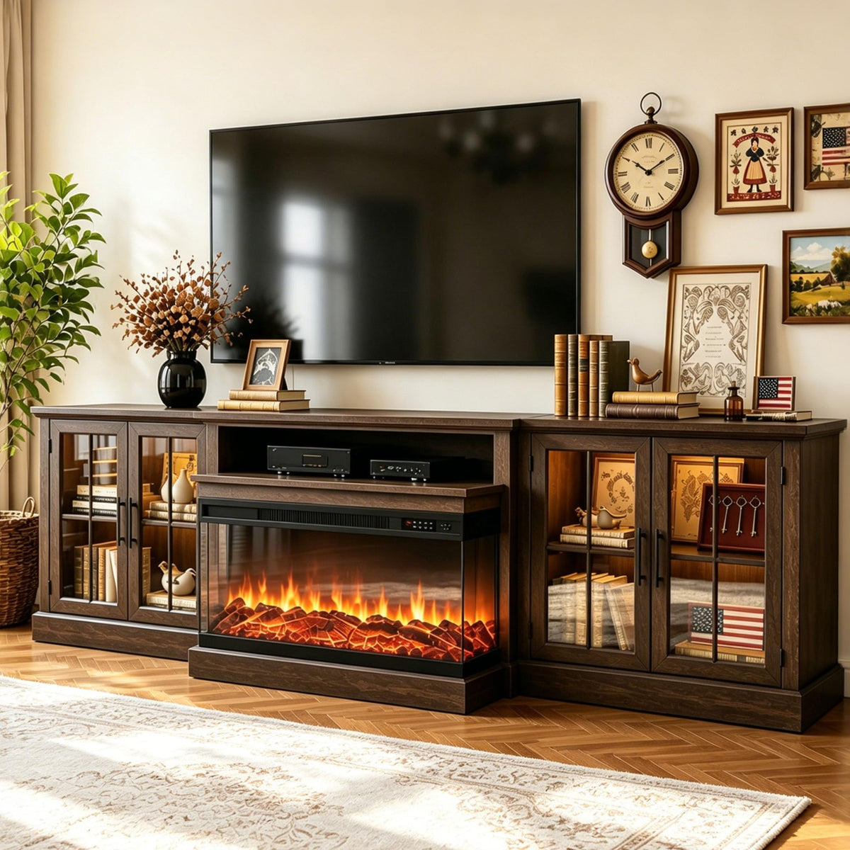98" Farmhouse TV Stand with Fireplace, White & Black