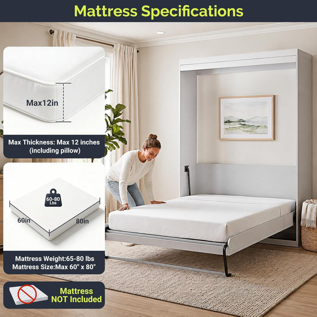 Queen Murphy Bed with Gas Pistons,Vertically Foldable Wall Bed