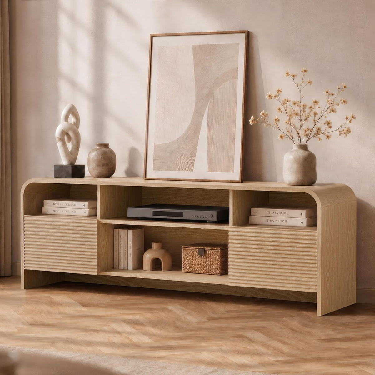 59" Fluted TV Stand, Modern Media Console for TVs up to 65", Natural Oak