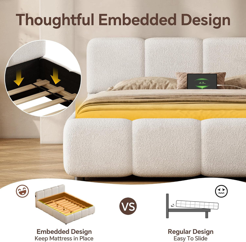 Full Size Cloud Boucle Upholstered Platform Bed Frame w/USB Ports