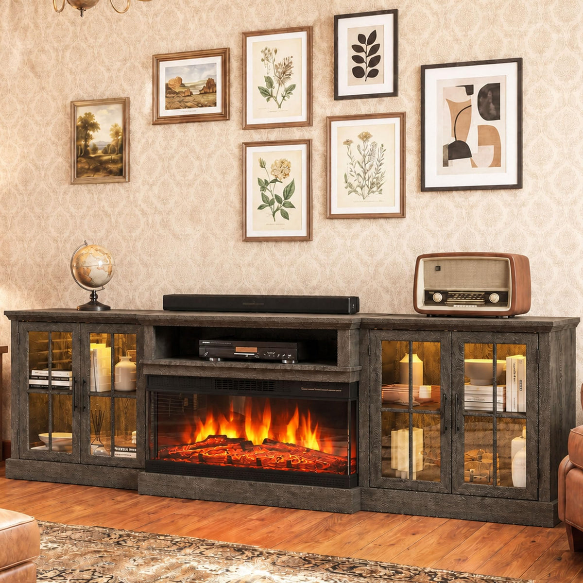 98" Farmhouse TV Stand with 36" Fireplace, Black & Black