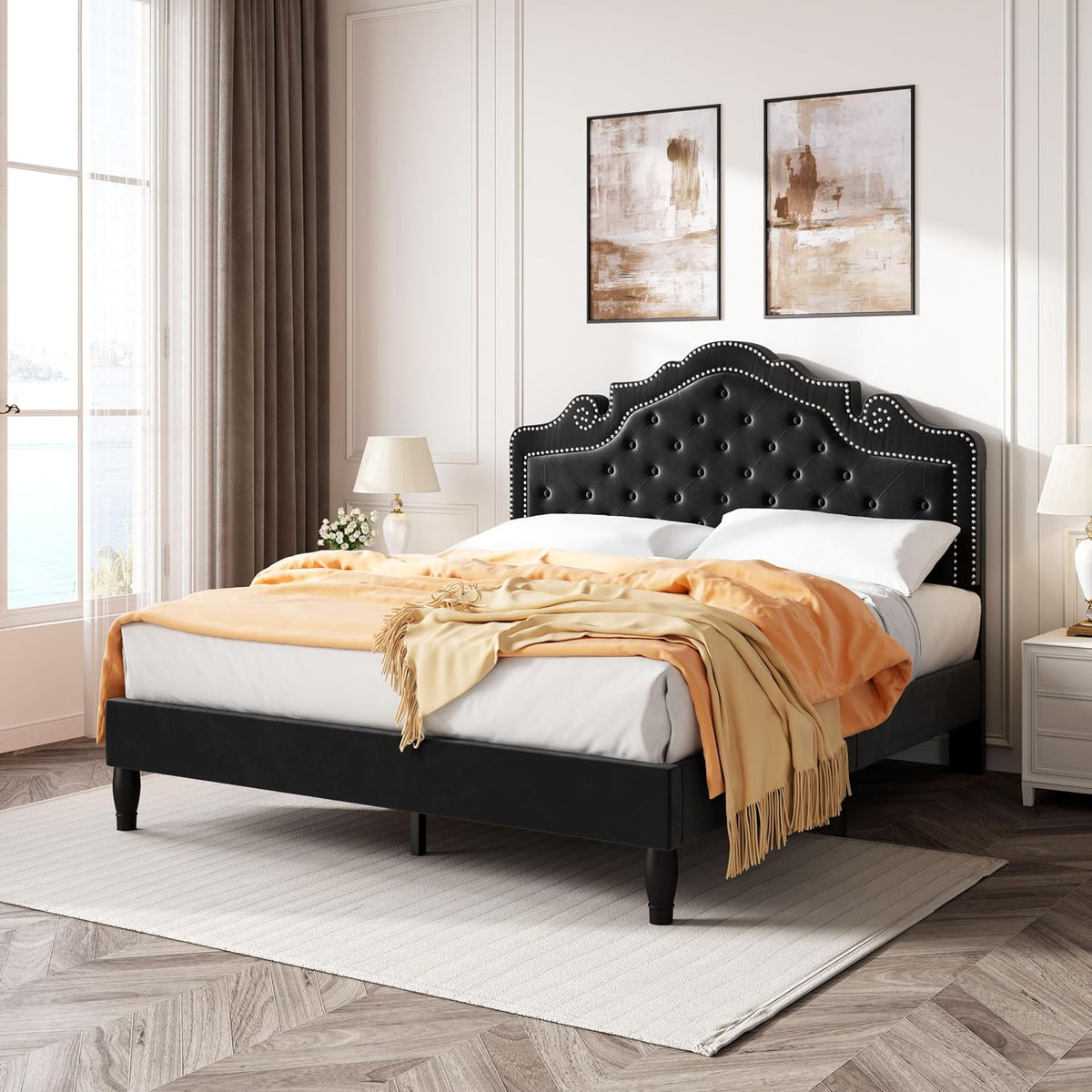 SHA CERLIN Queen Bed Frame with Adjustable Headboard/Velvet Upholstered/Diamond Button Tufted and Metal Studs/No Box Spring Needed/Wood Slat Support/Easy Assembly/Black
