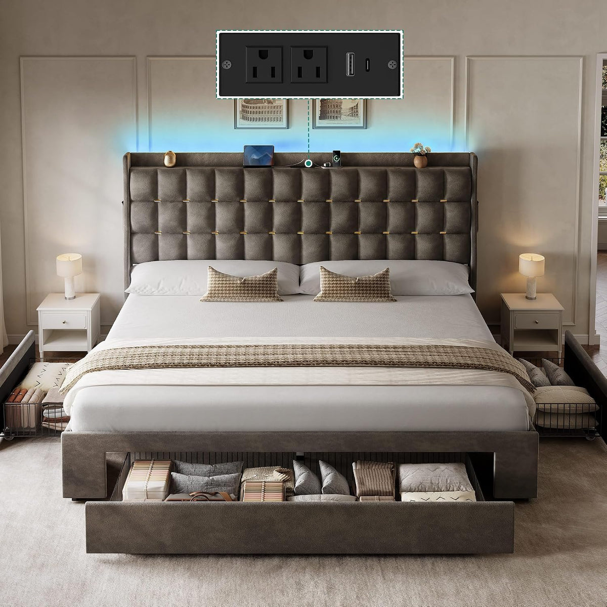 YITAHOME King Size Bed Frame with 3 Storage Drawers and RGB LED Lights