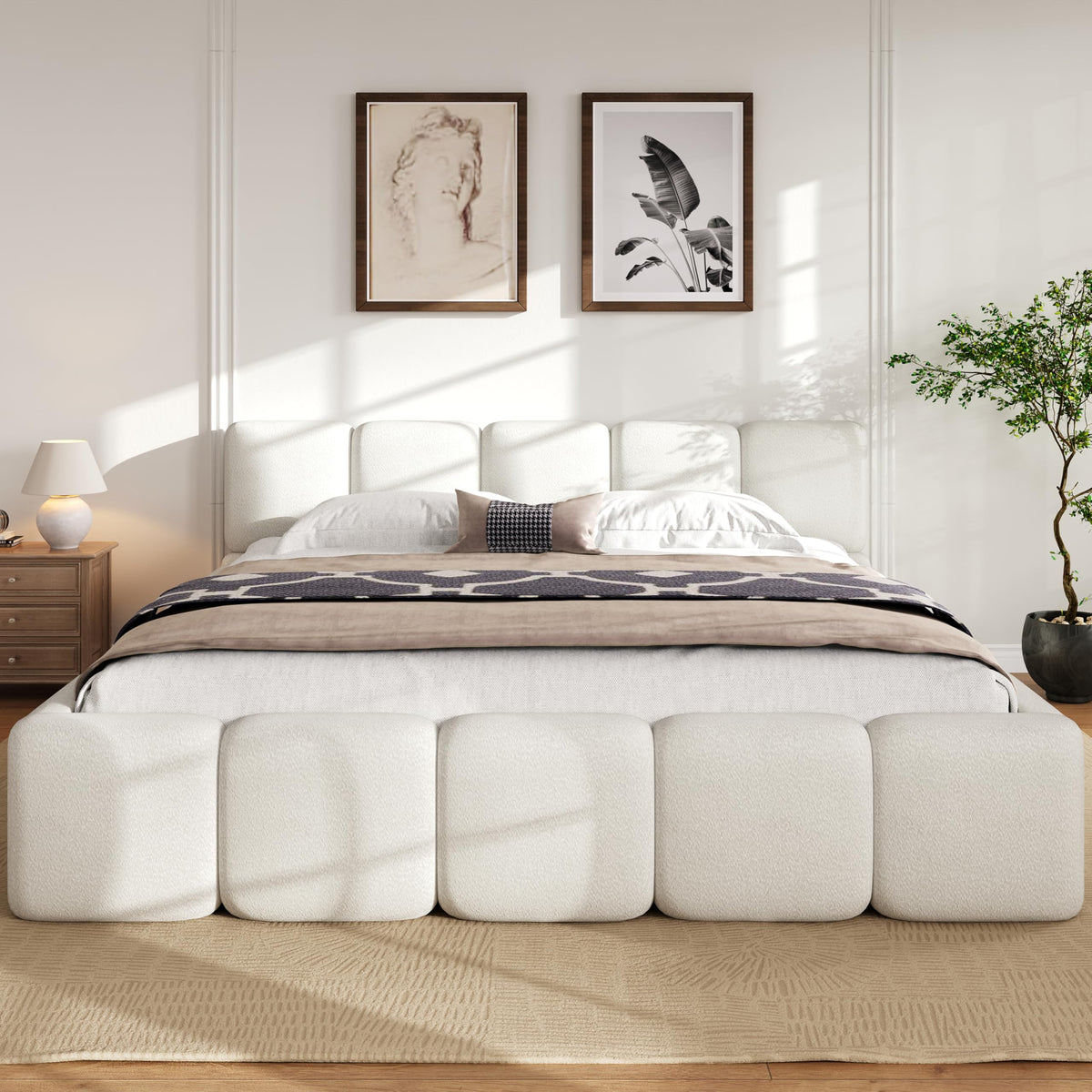 Merax King Upholstered Bed with Thick Headboard and Footboard, Beige