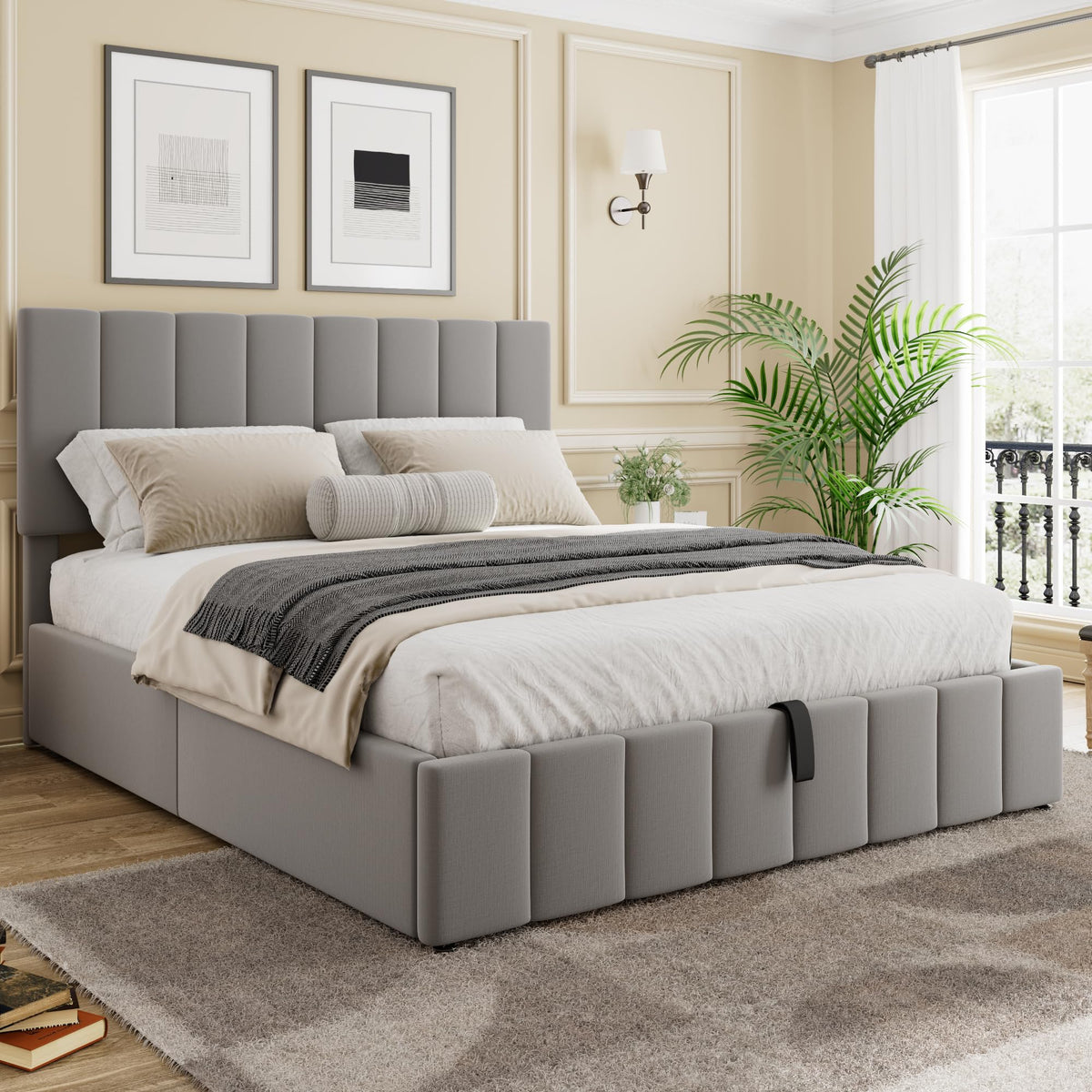 Gas Lift Up Storage Platform Bed, Upholstered Bed Frame with Hydraulic Storage System and Wooden Slat Support, Queen Size, Beige