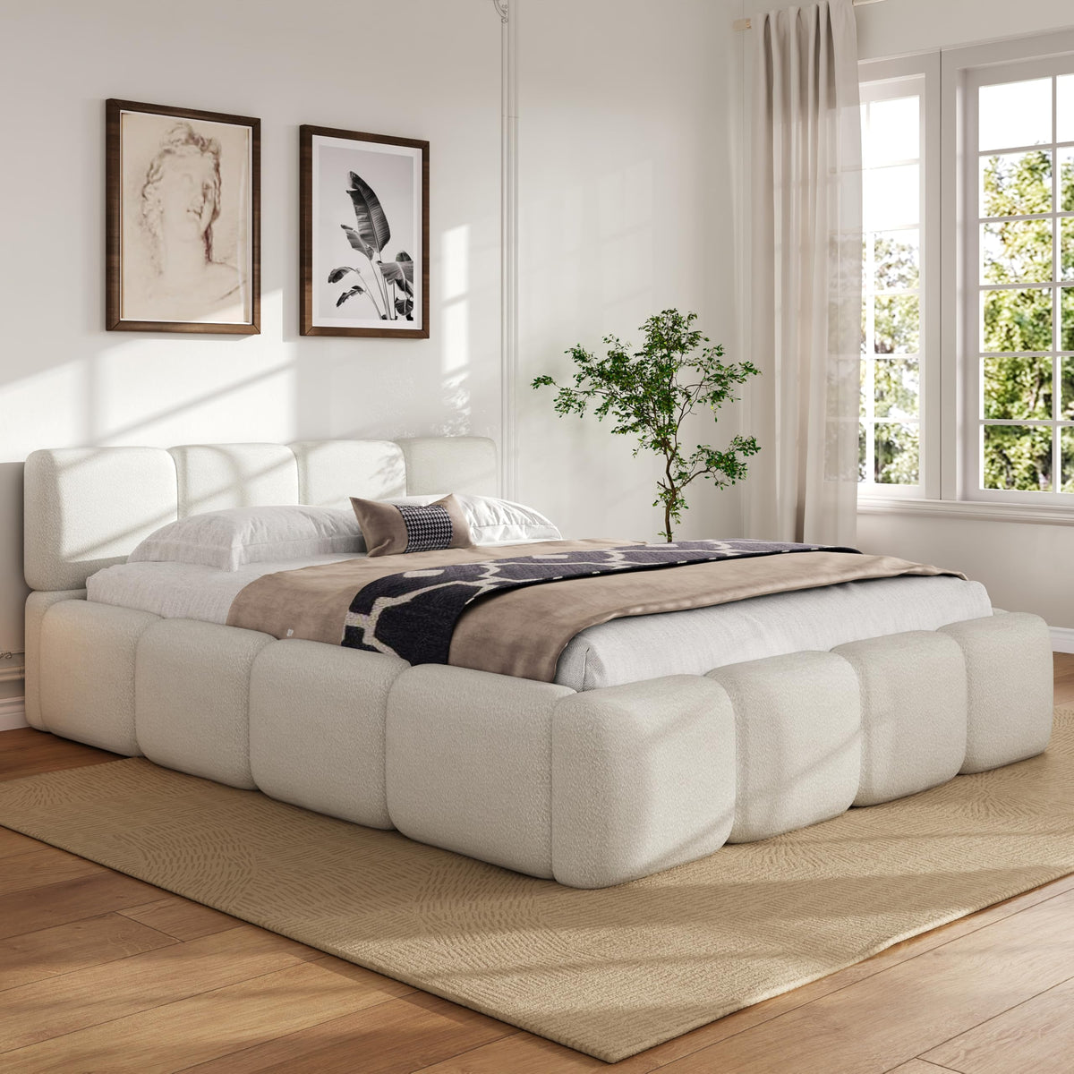 Merax King Upholstered Bed with Thick Headboard and Footboard, Beige