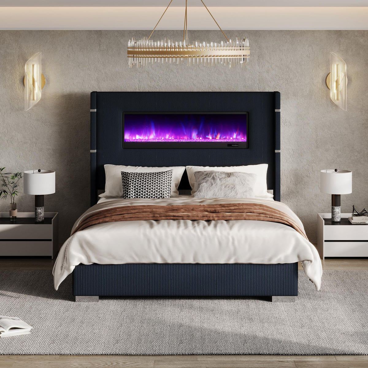 AMERLIFE Cal King Fireplace Bed Frame, Upholstered Headboard, Light Gray