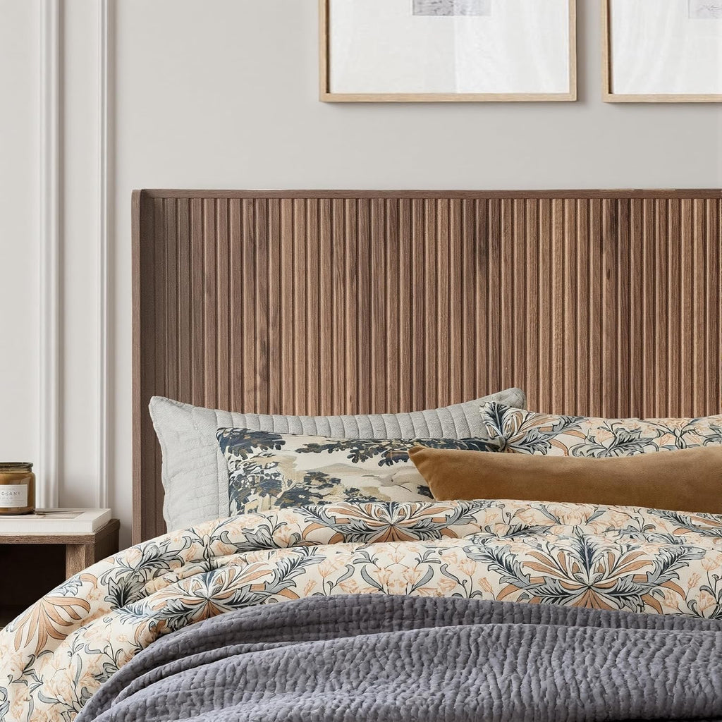 FORTUNETEC 78.7" King Size Wooden Headboard, Fluted Panel Headboard, Walnut