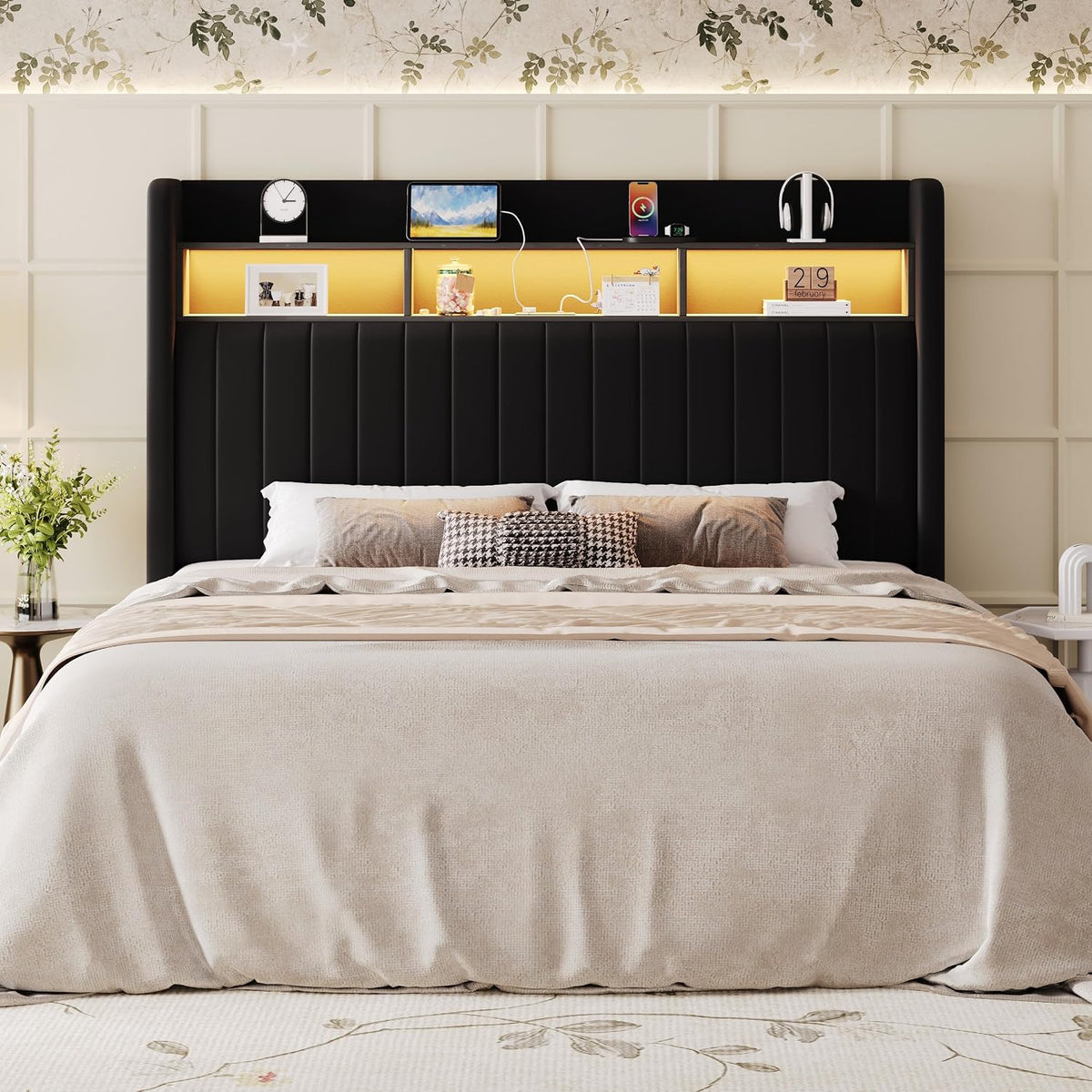 SHA CERLIN Full Size Platform Bed Frame / 2-Tier Storage Shelf/Velvet Wingback Upholstered Headboard/LED Lights and Charging Station/No Box Spring Needed/Noise-Free/Easy Assembly/Black