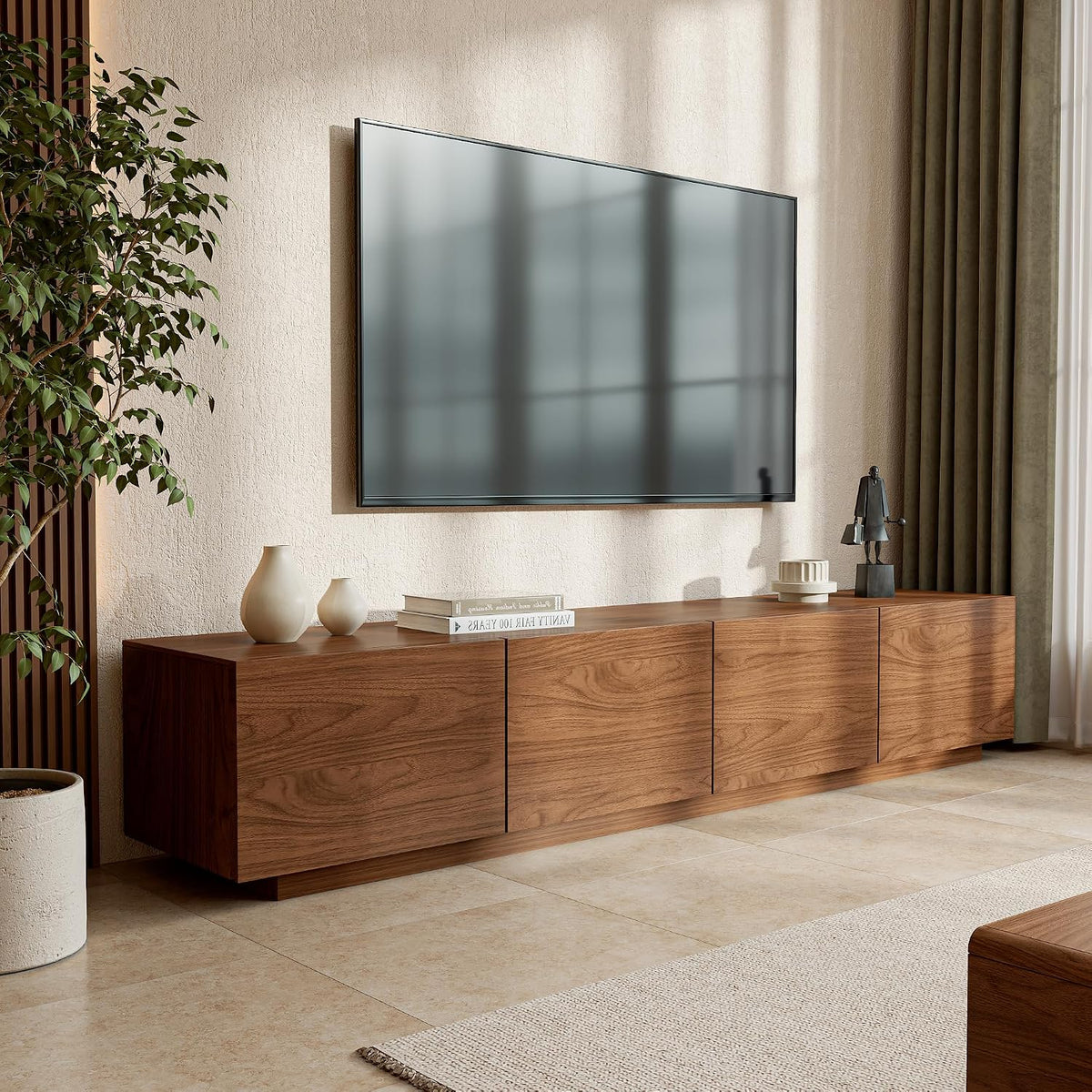 Mid-Century Modern TV Stand for TVs Up to 110", Walnut Wood Media Console with Storage Cabinets, Long Entertainment Center with Cable Management for Living Room (Wood Slat Base, 94.49")