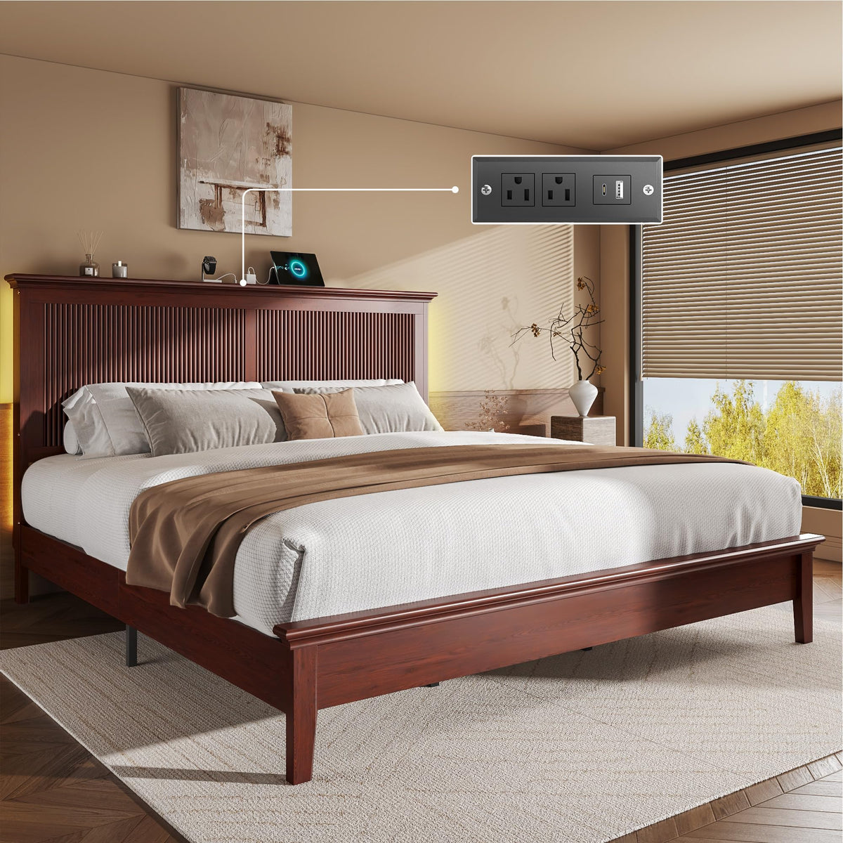 Lifezone King Bed Frame with Headboard, Solid Wood Bed Frame King Size with Charging Station & RGB LED, Wood Slats Support, Noise-Free, Sturdy Structure, Easy Assembly, Mahogany