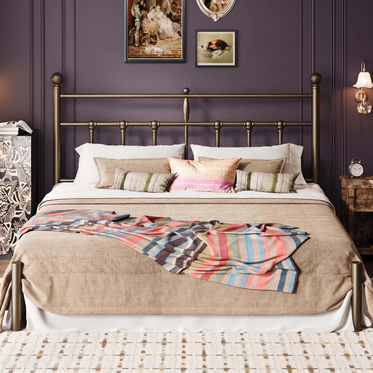 SHA CERLIN Queen Size Metal Platform Bed Frame with Victorian Vintage Headboard/Under Bed Storage/No Box Spring Needed/Easy Assembly/Noise Free/Mattress Foundation/Gold