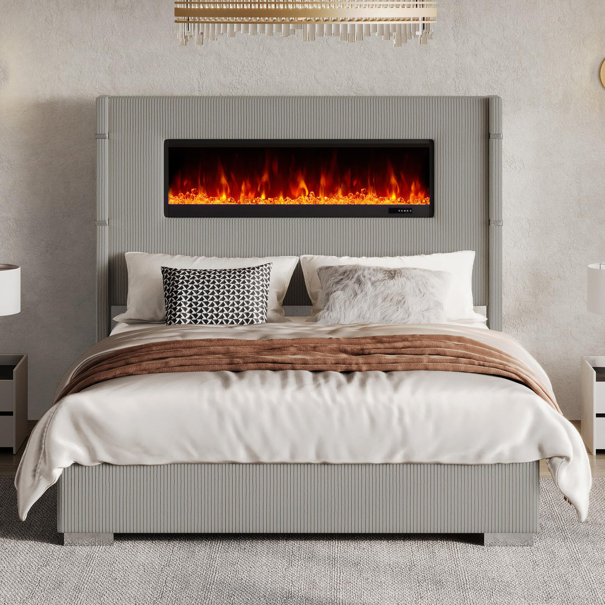 AMERLIFE Cal King Fireplace Bed Frame, Upholstered Headboard, Light Gray