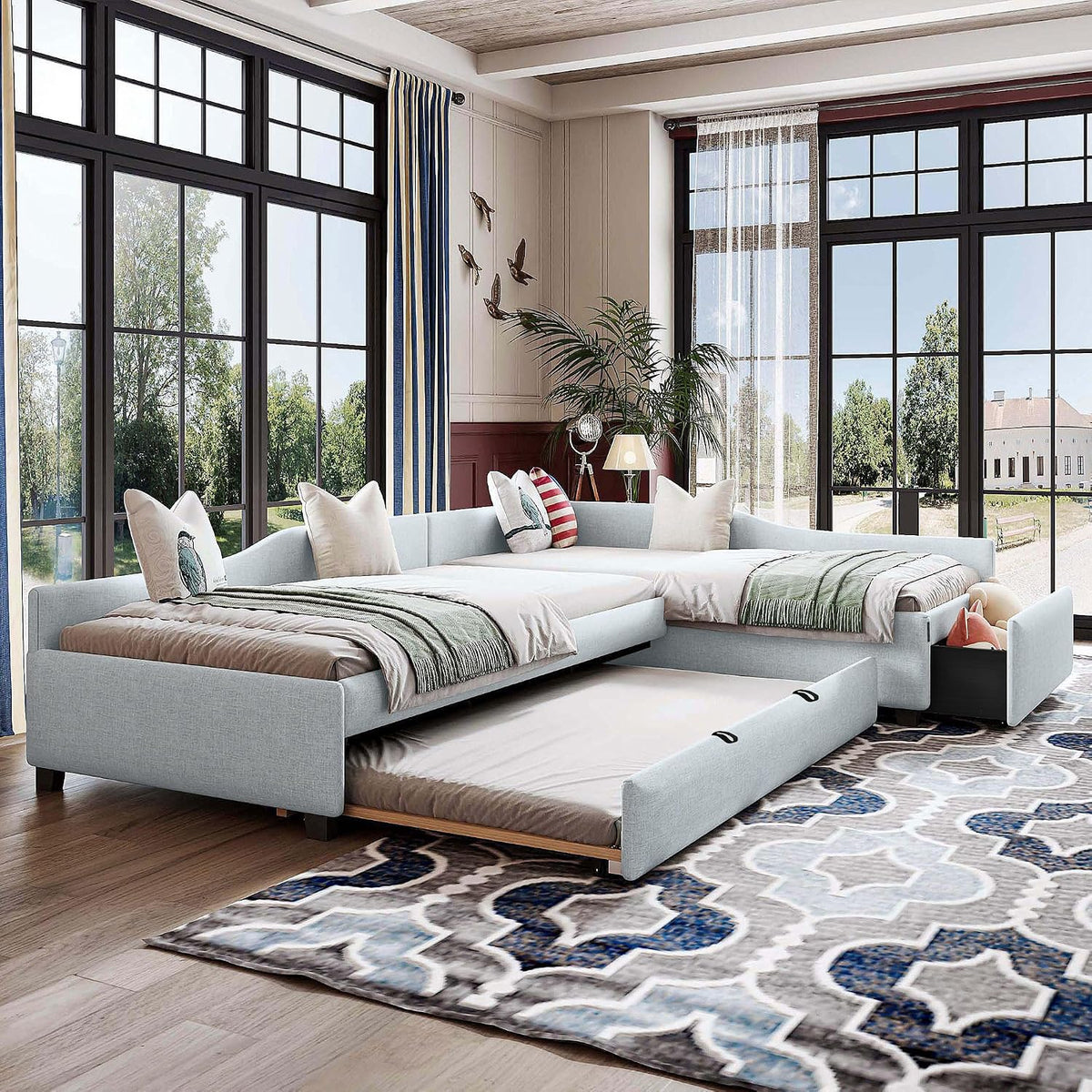 Merax Double Twin Size Daybed with Trundle and Storage Drawer, L Shaped Corner Bed with Wood Slats Support, Upholstered Sofabed for Bedroom Living Room,3 Beds in One Design, No Box Spring Needed