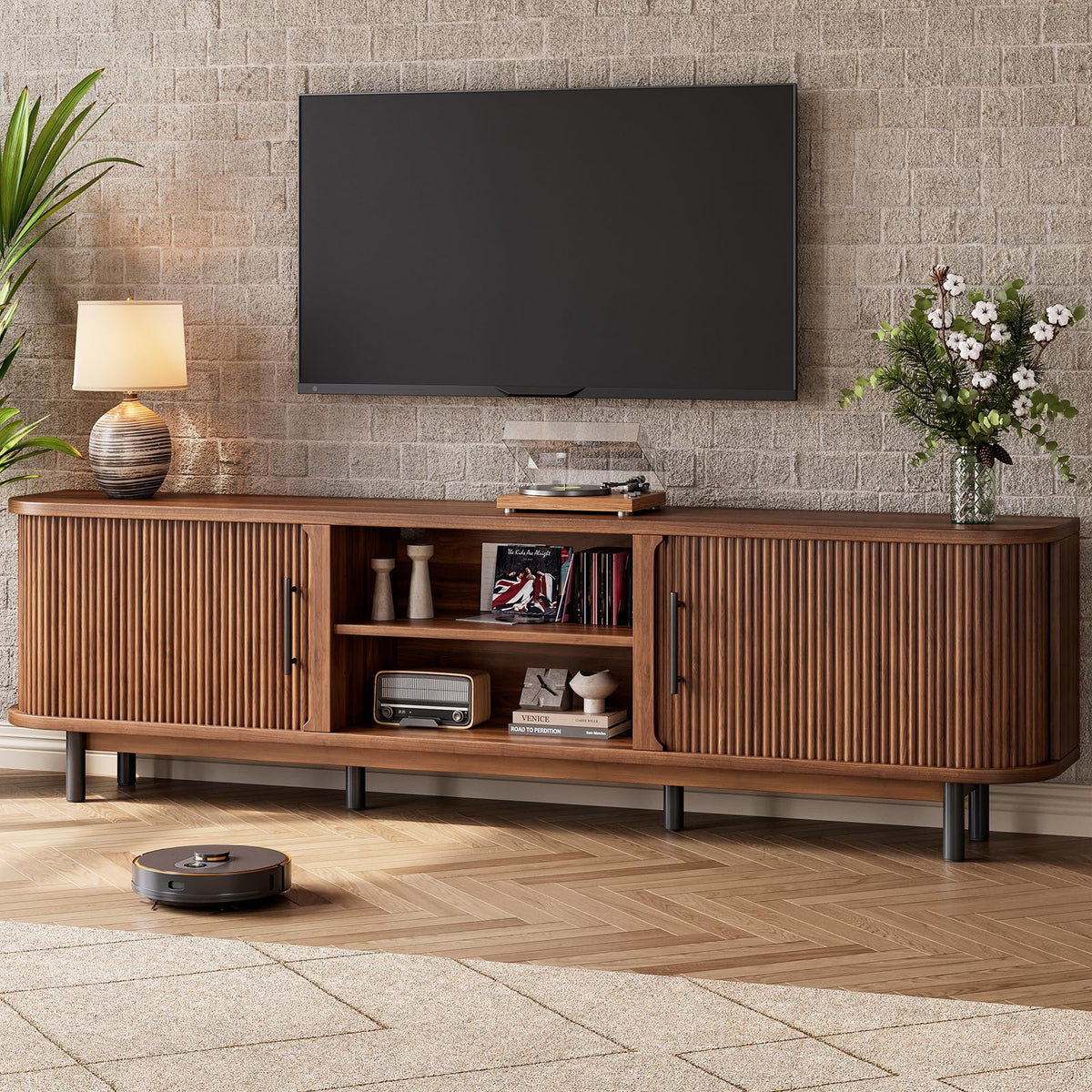 70" TV Stand for TVs Up to 75", Mid Century Modern Fluted Entertainment Center with 2 Storage Cabinets, Sliding Doors, Cable Management, Wood Television Media Console for Living Room, Walnut