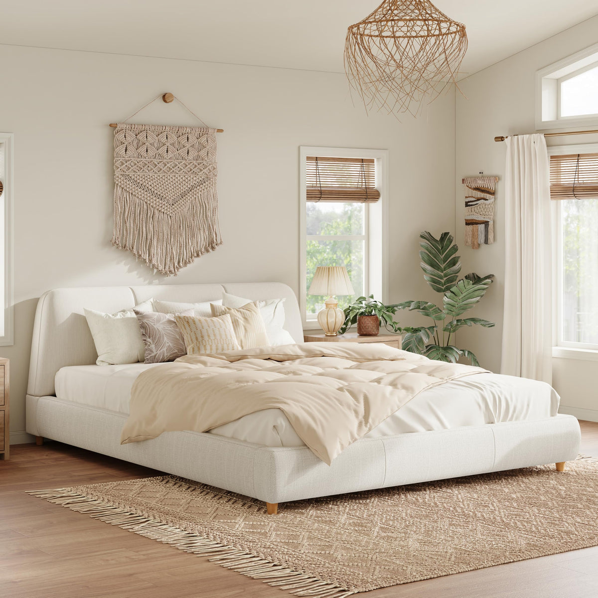 Merax King Linen Fabric Platform Bed with Curved Headboard, White
