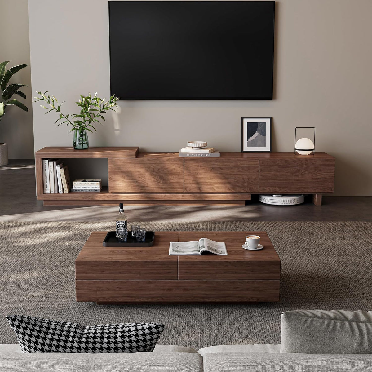 Extendable TV Stand for 65-100 Inches TVs – Walnut Entertainment Console with 3 Drawers & 1 Storage Compartment, Adjustable Length 68.5''-98.4'' (Walnut, 68.5''-98.4'')