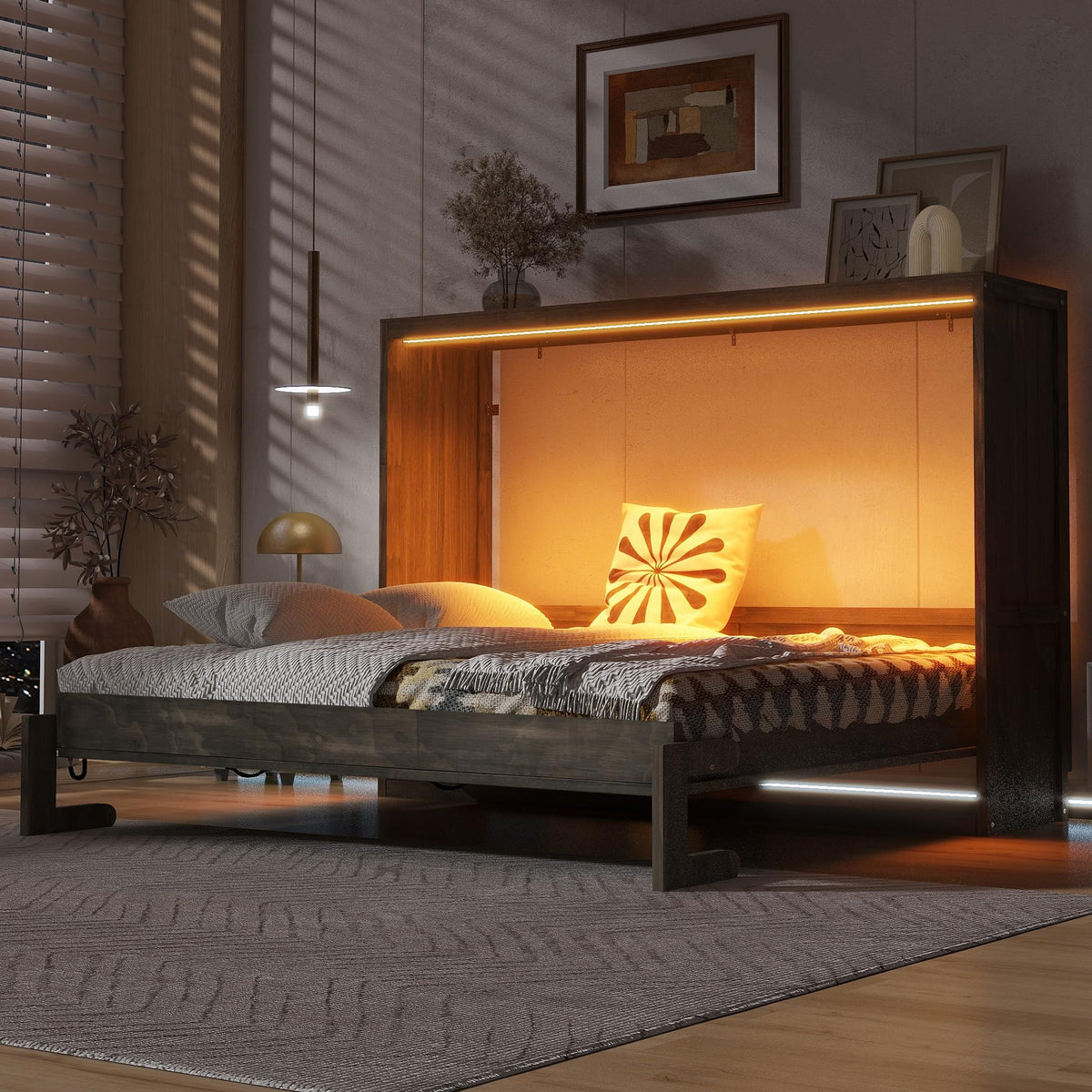 YOPTO Queen Murphy Bed with Storage Shelves and Desk,Cabinets,Lights,White