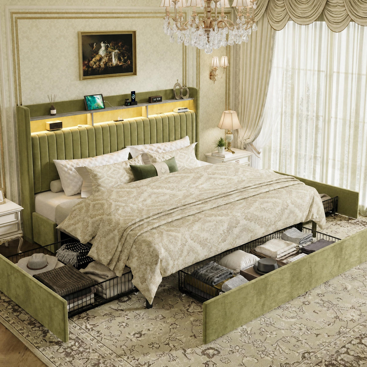 SHA CERLIN Queen Upholstered Platform Bed Frame with 3 Spacious Storage Drawers, Built-in LED Lights & Charging Station, Vertical Tufted Headboard with Shelf, No Box Spring Needed, Velvet Green