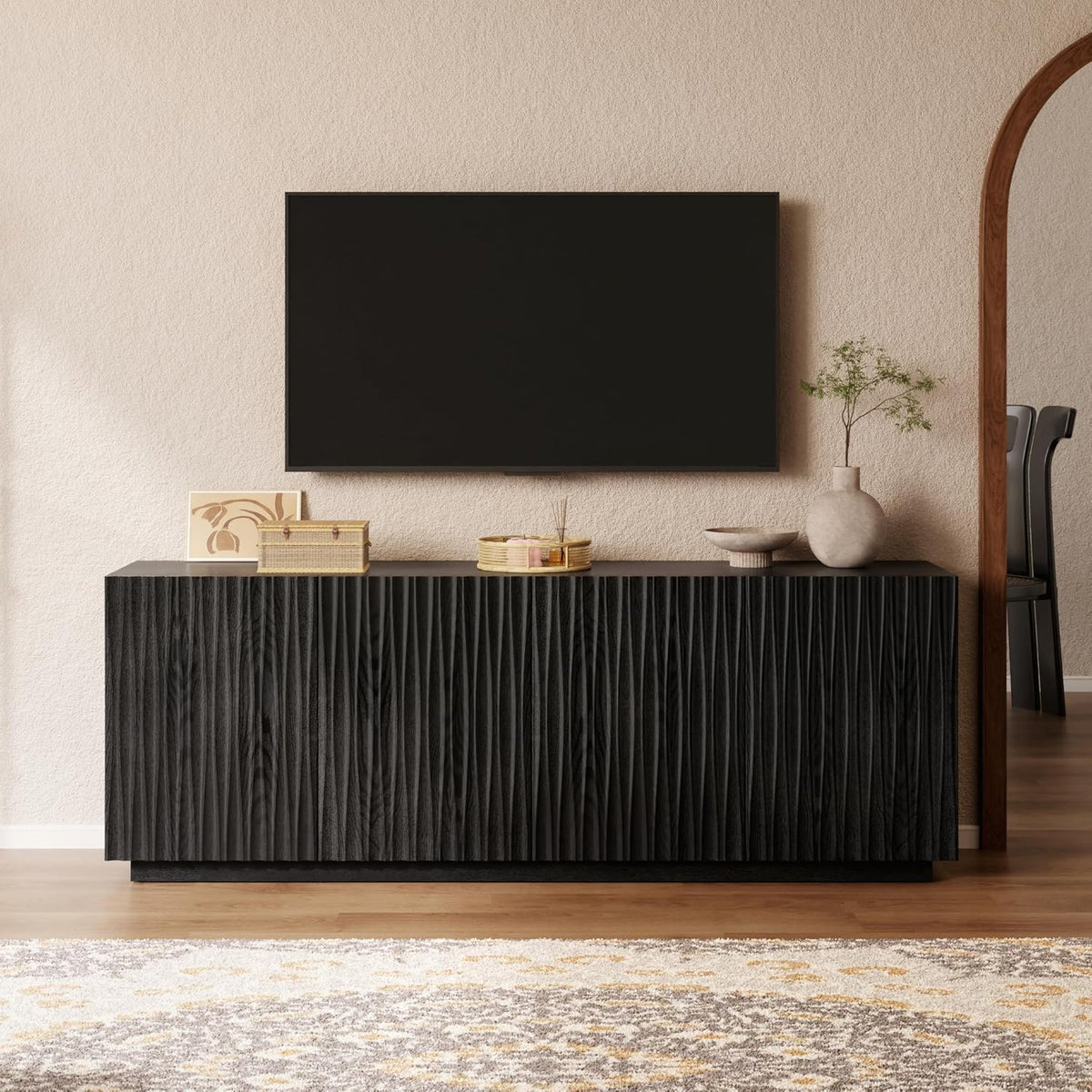 70" Fluted Mid-Century Modern TV Stand for TVs Up to 75", Black Walnut