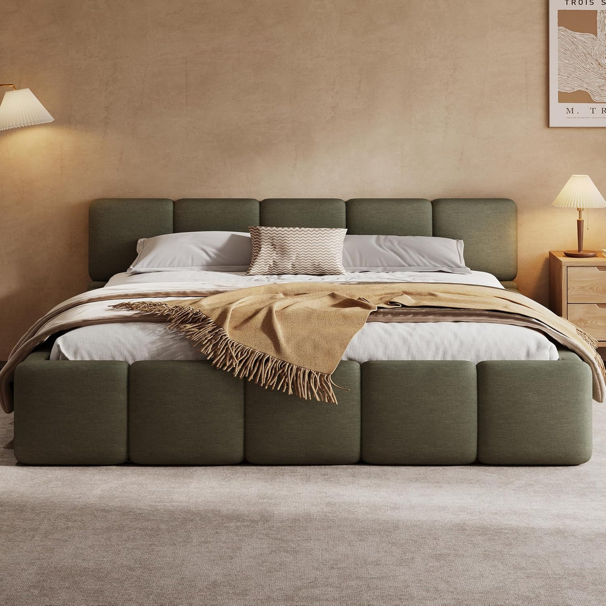 Merax California King Boucle Platform Bed with Thick Headboard, Green