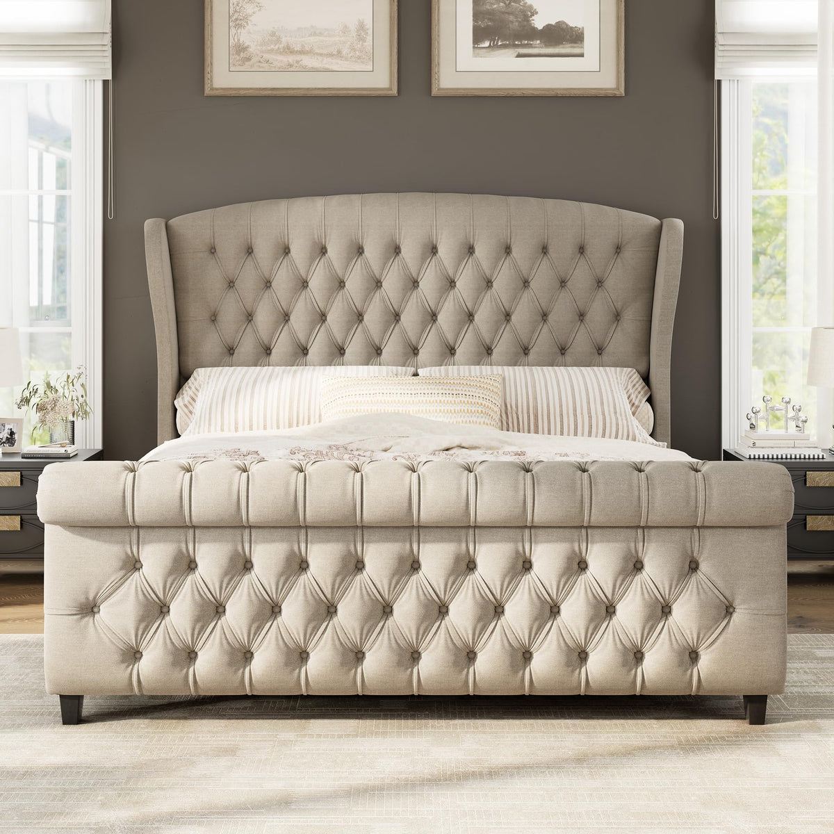 AMERLIFE Queen Size Upholstered Sleigh Bed Frame with Wingback Headboard