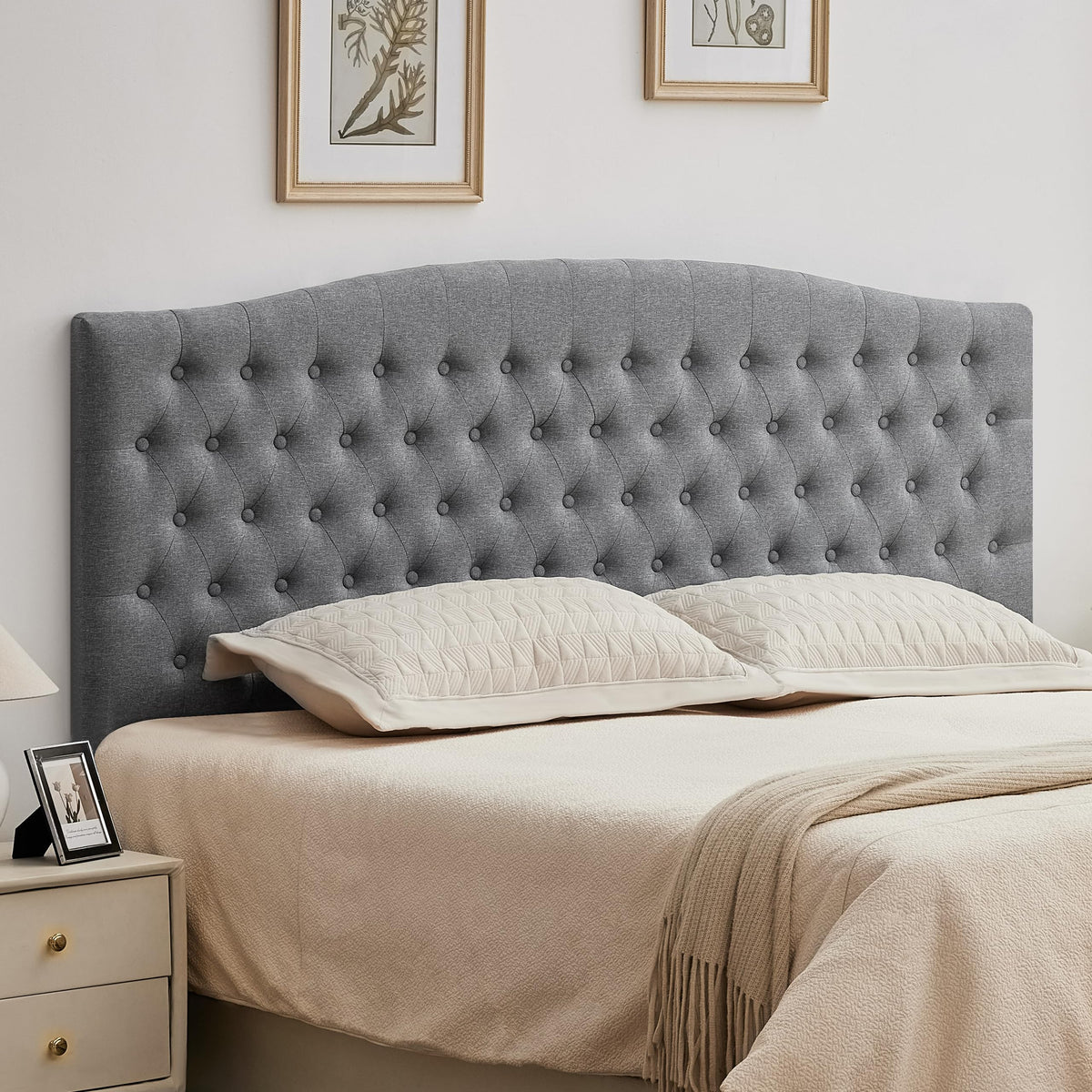 Tufted Tall King Size Headboard, Linen Button Diamond Headboards, Beige