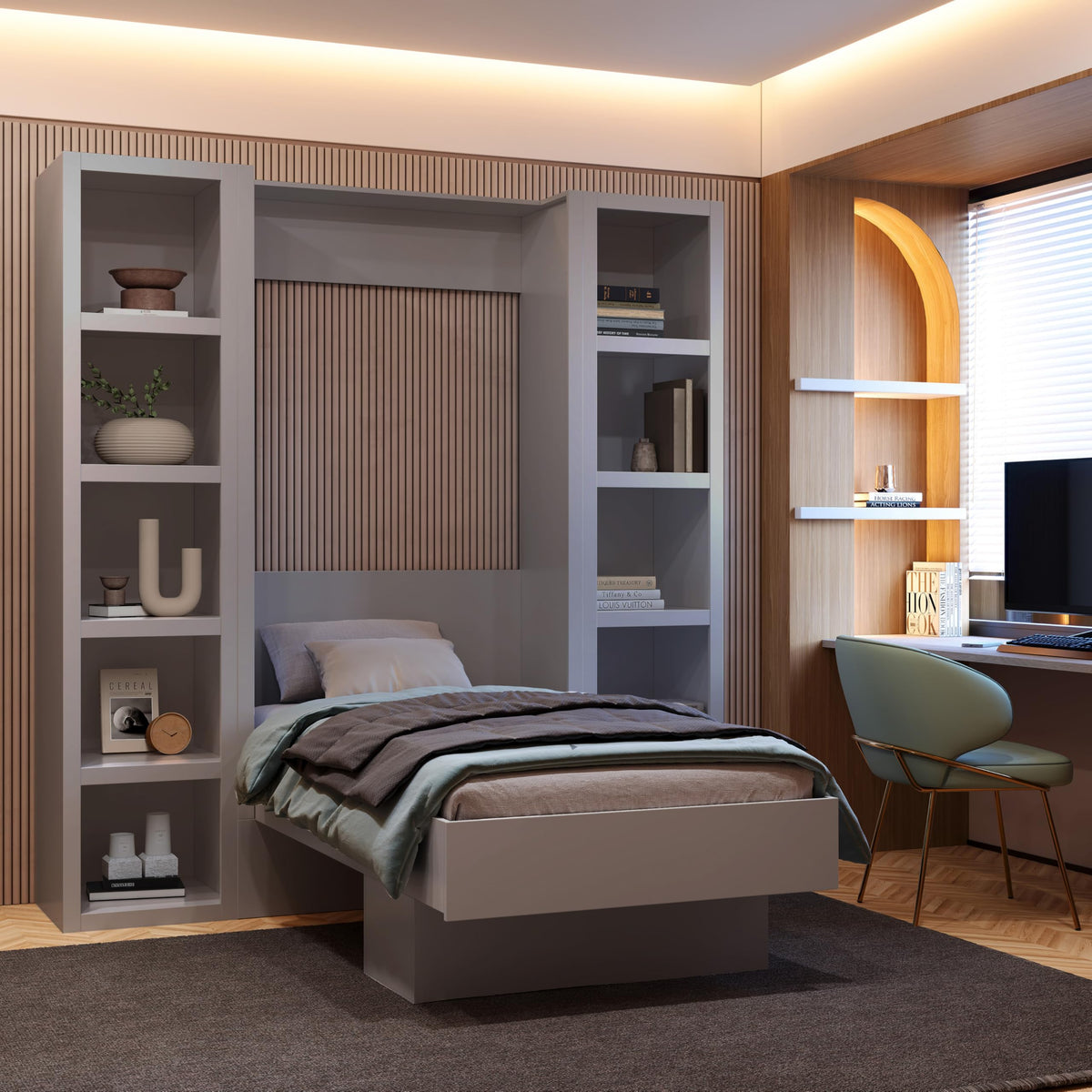 Oakland Living Easy-Lift Queen Murphy Wall Bed in Brown Wood Grain with Two Bookshelves