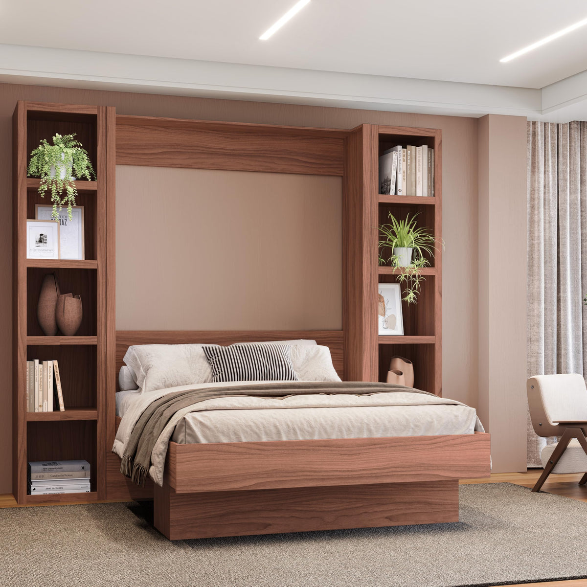 Oakland Living Easy-Lift Queen Murphy Wall Bed in Brown Wood Grain with Two Bookshelves