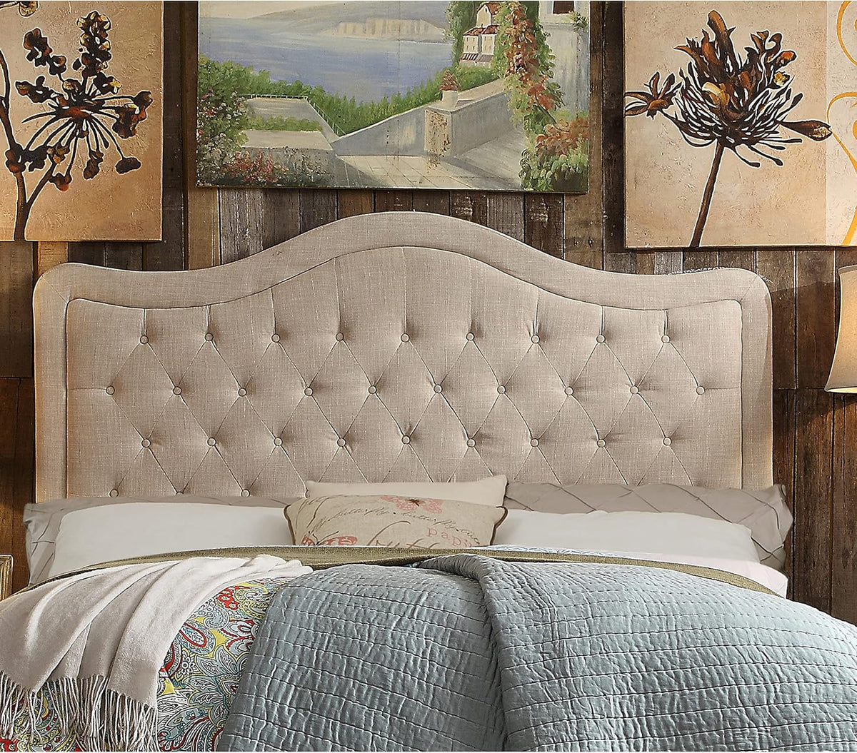 Rosevera Niana Upholstered Tufted Natural Linen Adjustable Headboard Bed with Adjustable Height for Bedroom, King, Sand