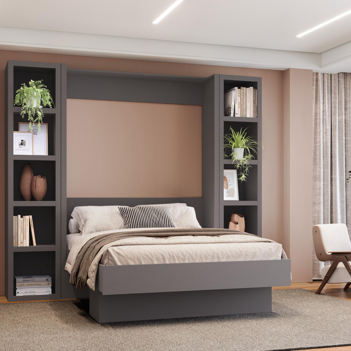 Oakland Living Easy-Lift Queen Murphy Wall Bed in Brown Wood Grain with Two Bookshelves