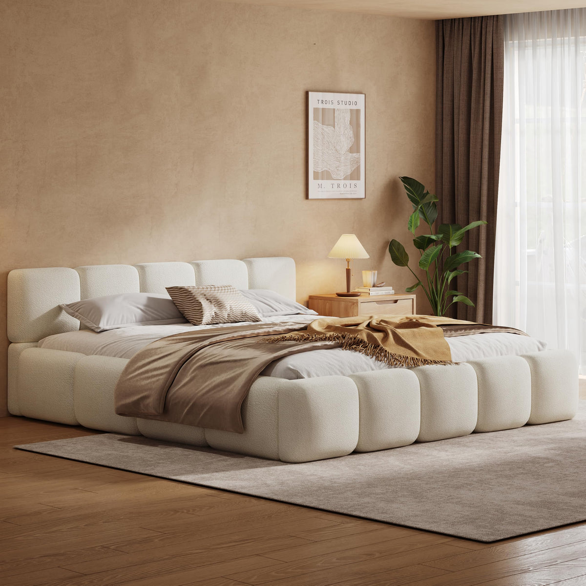 Merax King Upholstered Bed with Thick Headboard and Footboard, Beige