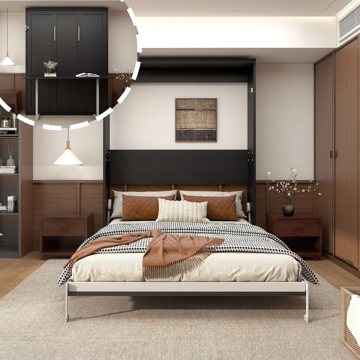 Queen Murphy Bed with Sofa, Space-Saving Wall Bed, Metal Frame, White