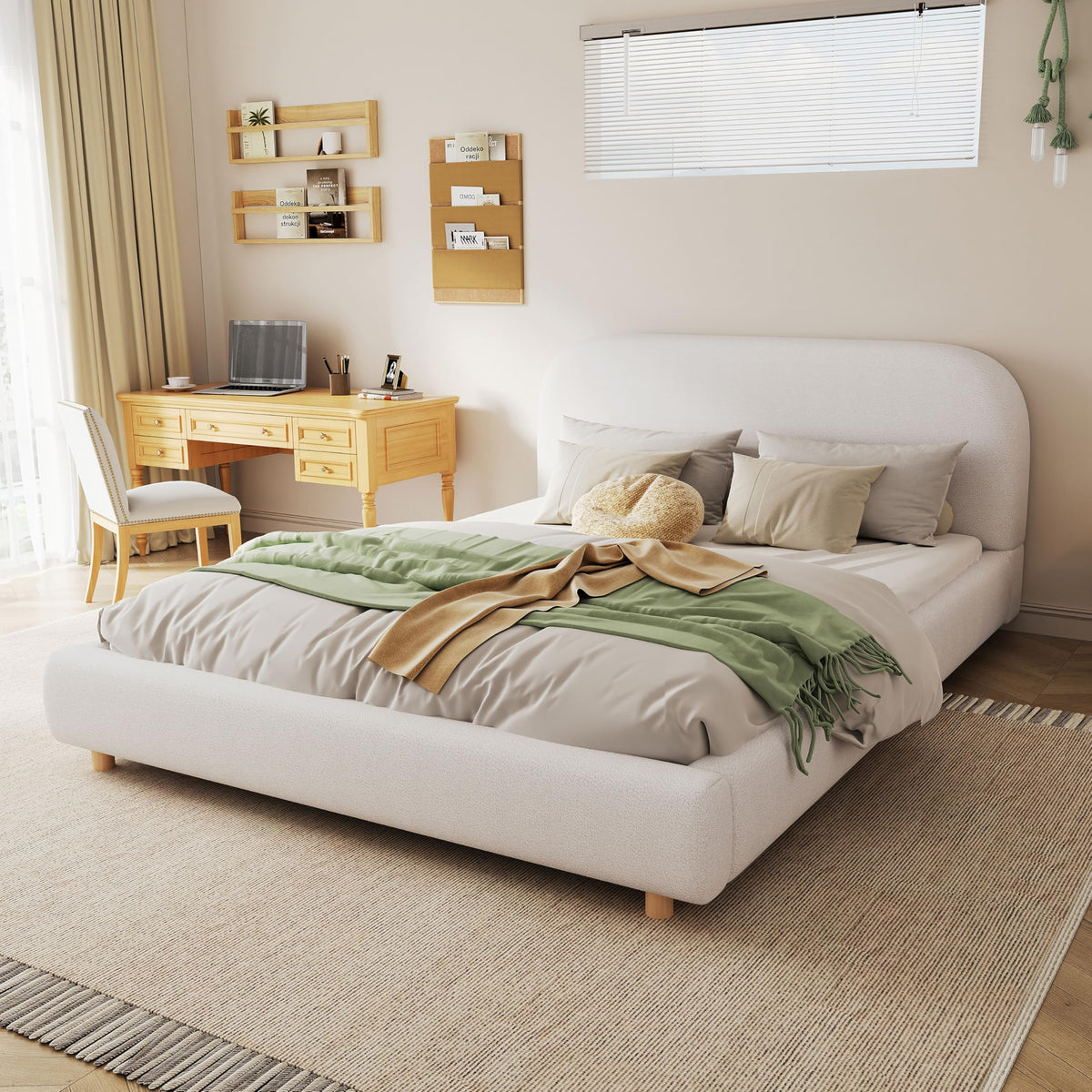 Merax California King Boucle Platform Bed with Curved Headboard, White