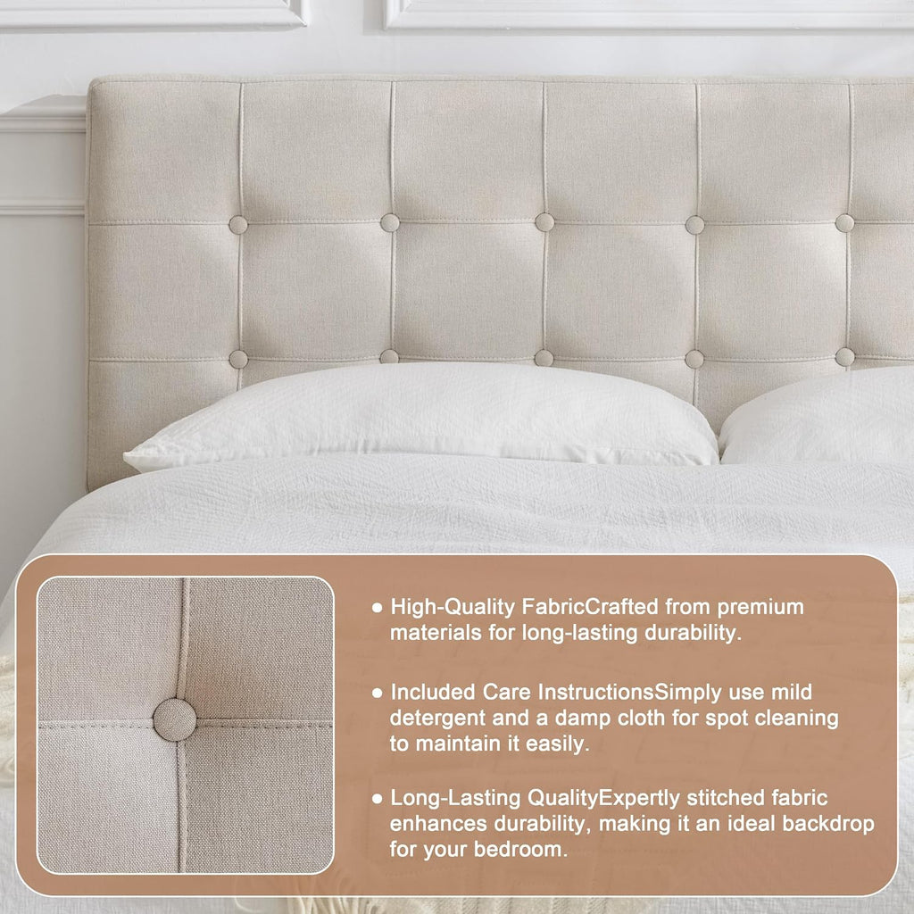 Linen Tufted Headboard Queen Size, Solid Wood Queen Headboard Only, Beige