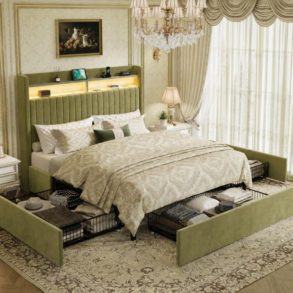 SHA CERLIN Queen Upholstered Platform Bed Frame with 3 Spacious Storage Drawers, Built-in LED Lights & Charging Station, Vertical Tufted Headboard with Shelf, No Box Spring Needed, Velvet Green