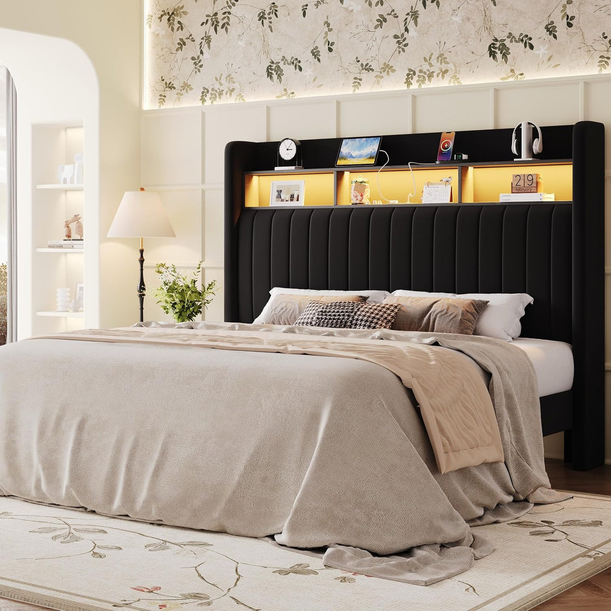 SHA CERLIN Full Size Platform Bed Frame / 2-Tier Storage Shelf/Velvet Wingback Upholstered Headboard/LED Lights and Charging Station/No Box Spring Needed/Noise-Free/Easy Assembly/Black