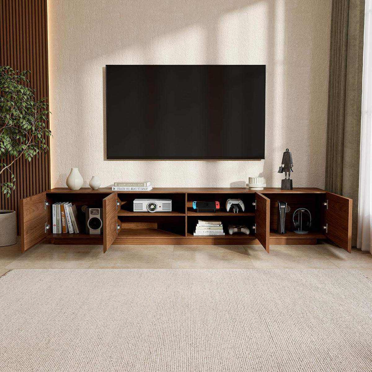 Mid-Century Modern TV Stand for TVs Up to 110", Walnut Wood Media Console with Storage Cabinets, Long Entertainment Center with Cable Management for Living Room (Wood Slat Base, 94.49")
