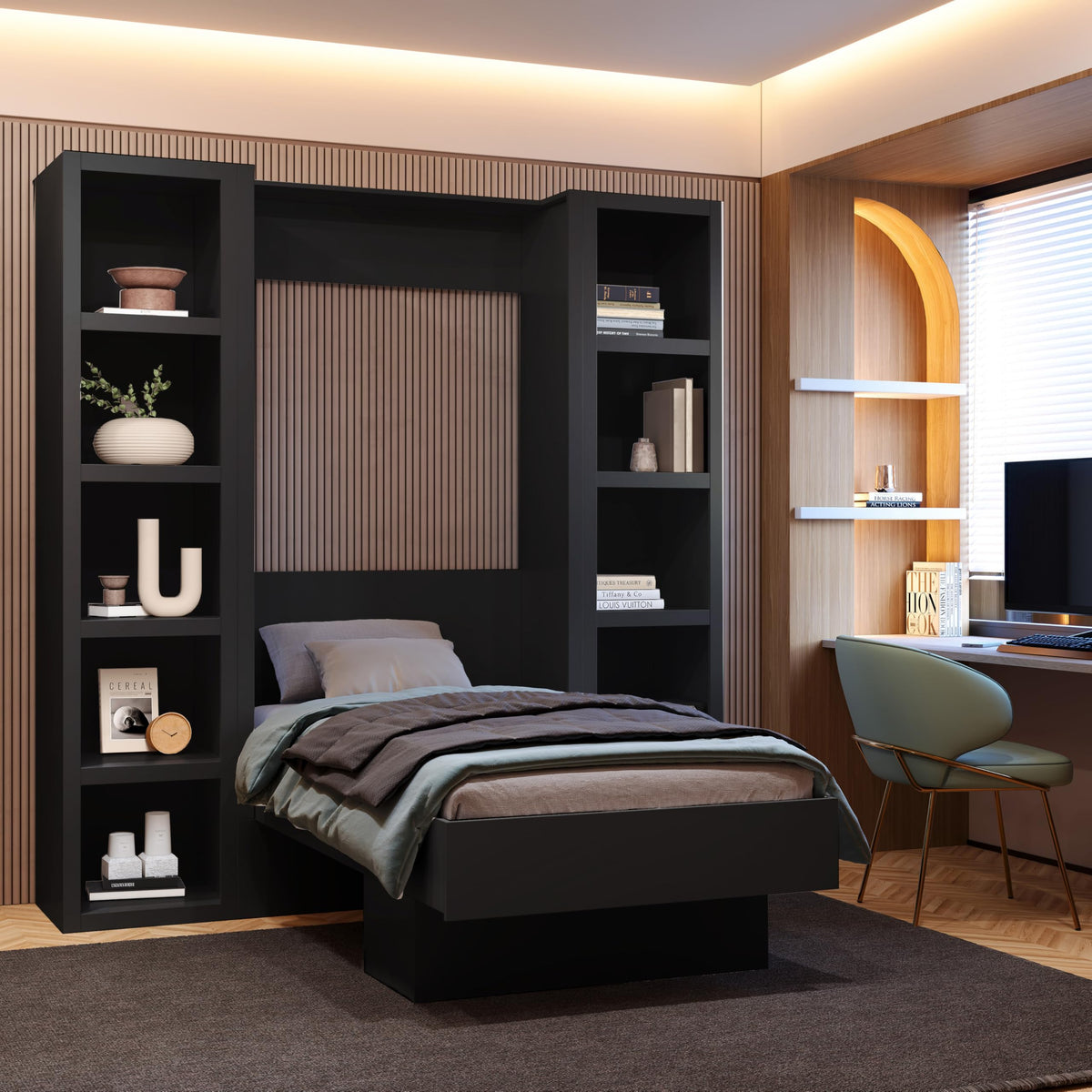Oakland Living Easy-Lift Queen Murphy Wall Bed in Brown Wood Grain with Two Bookshelves