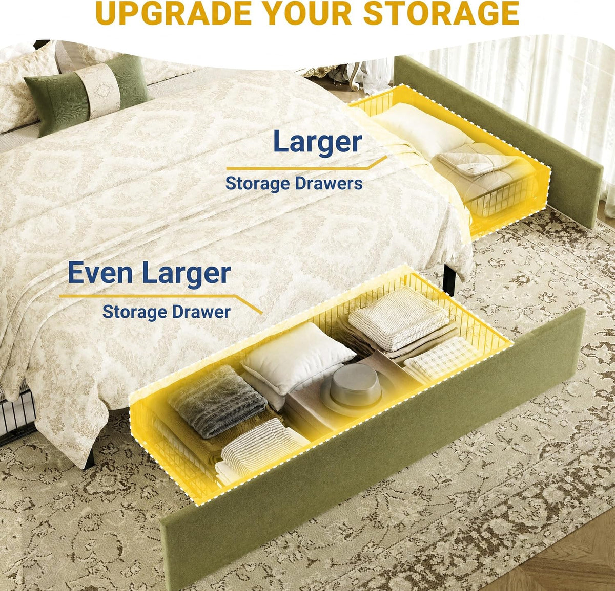 SHA CERLIN Queen Upholstered Platform Bed Frame with 3 Spacious Storage Drawers, Built-in LED Lights & Charging Station, Vertical Tufted Headboard with Shelf, No Box Spring Needed, Velvet Green