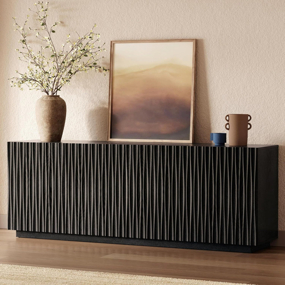 70" Fluted Mid-Century Modern TV Stand for TVs Up to 75", Black Walnut