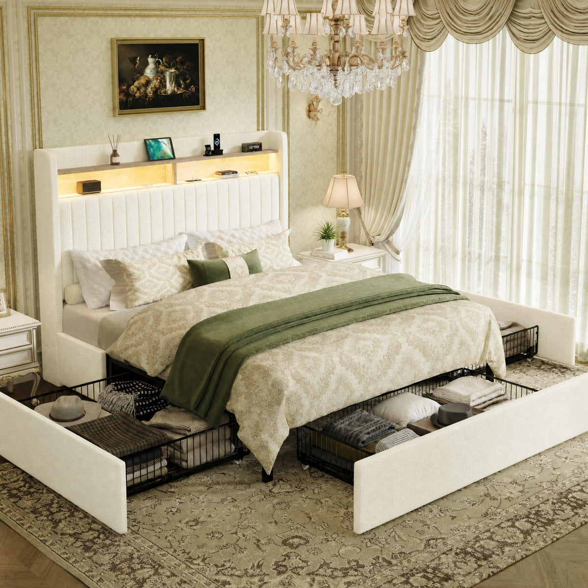 SHA CERLIN Queen Upholstered Platform Bed Frame with 3 Spacious Storage Drawers, Built-in LED Lights & Charging Station, Vertical Tufted Headboard with Shelf, No Box Spring Needed, Velvet Green