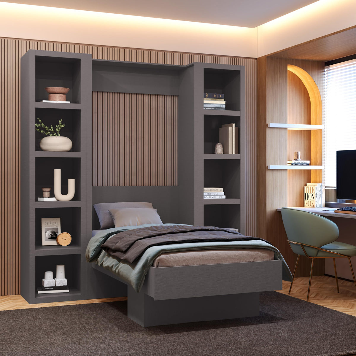 Oakland Living Easy-Lift Queen Murphy Wall Bed in Brown Wood Grain with Two Bookshelves