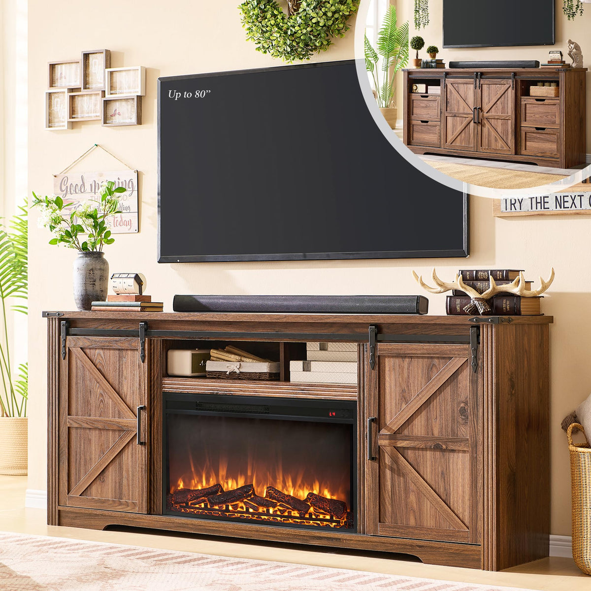 Farmhouse 66"TV Stand for 75+ Inch TV, With 4 Drawers & Sliding Barn Door