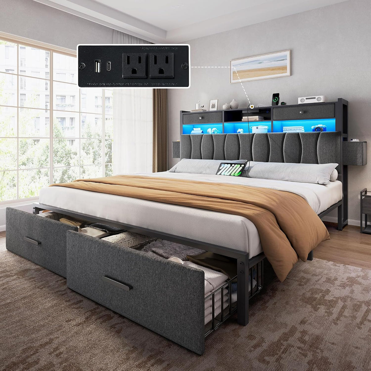YITAHOME King Size Linen Upholstered Bed with Charging Station & LED Light