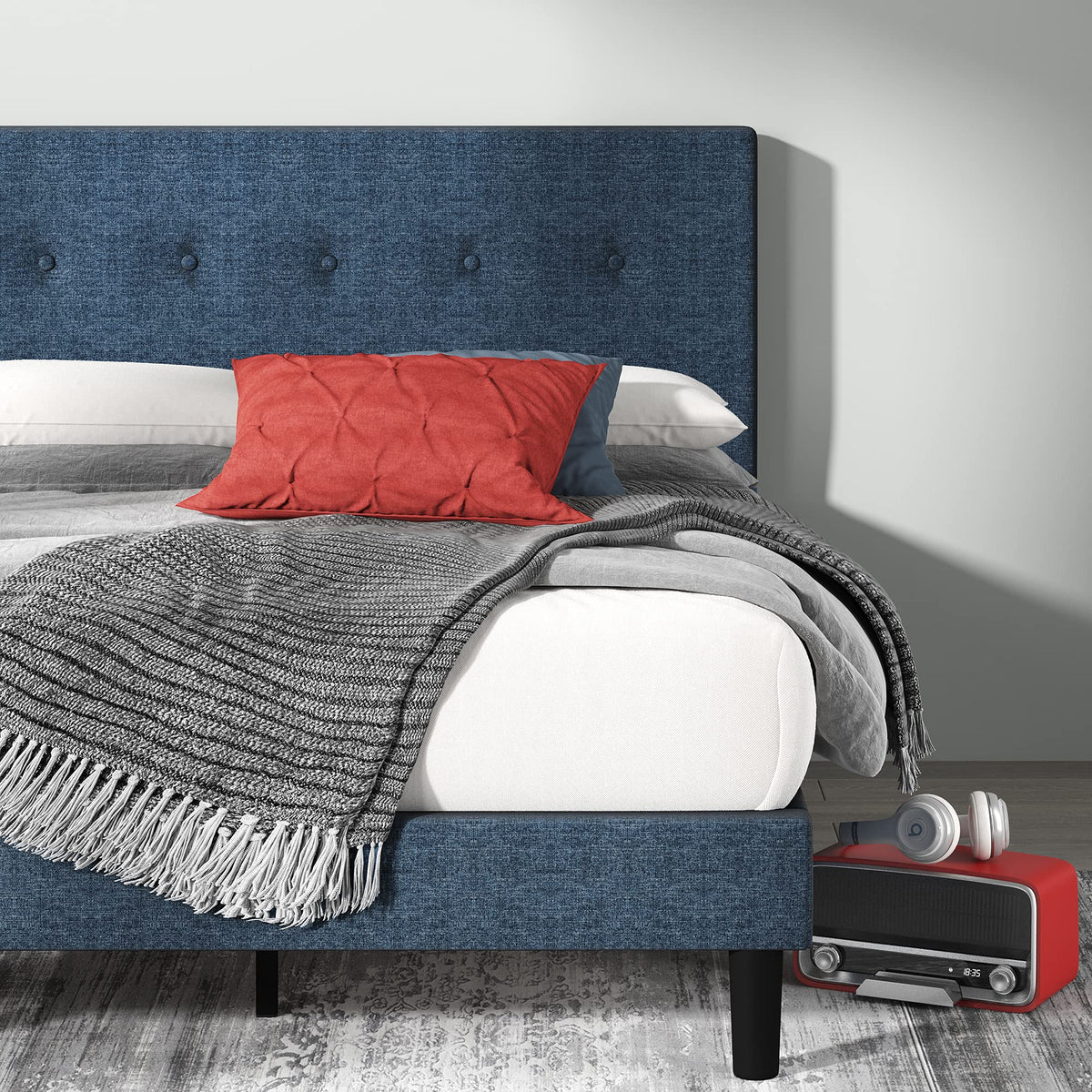 Zinus Omkaram Upholstered Platform Bed Frame, Mattress Foundation, Wood Slat Support, No Box Spring Needed, Easy Assembly, Queen