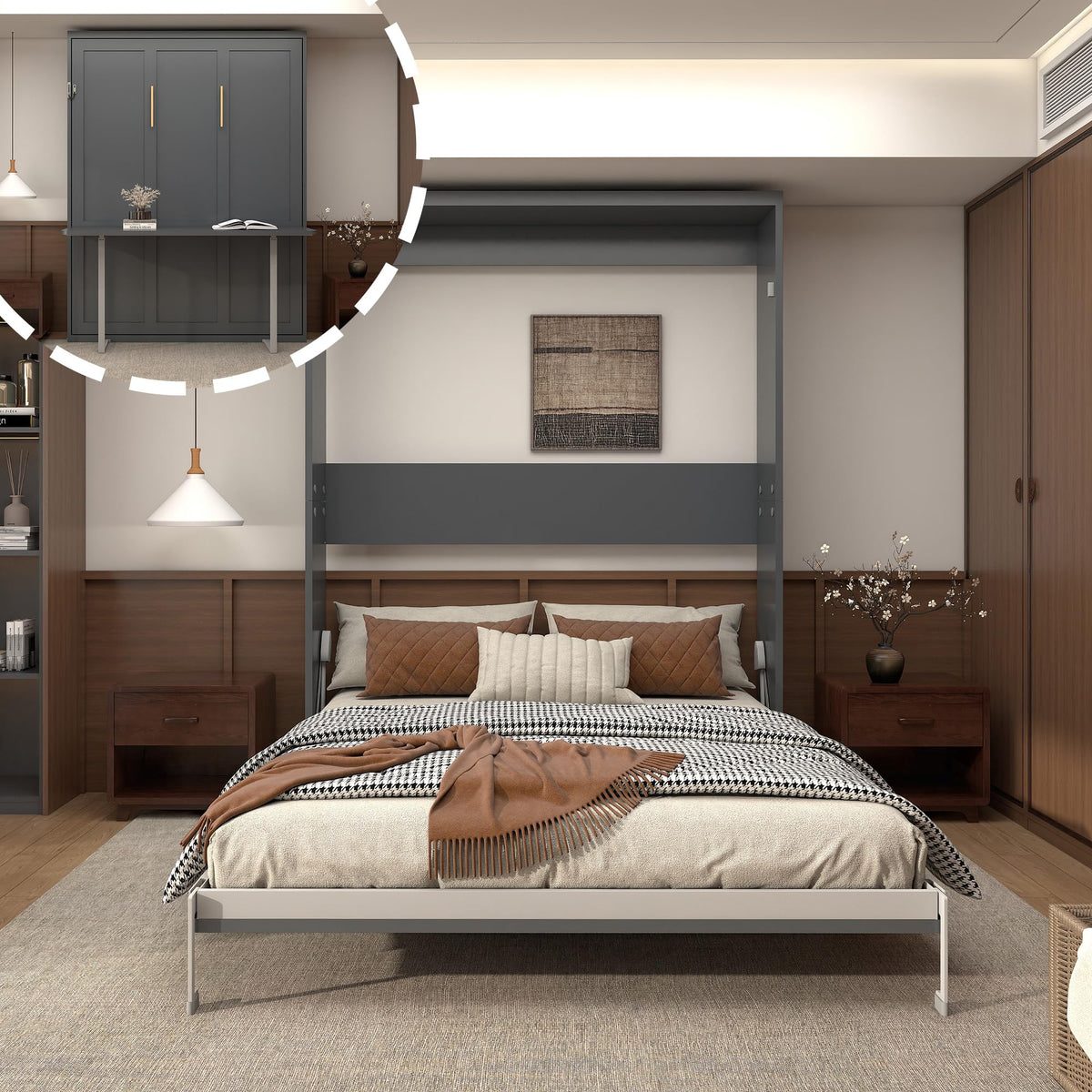 Queen Murphy Bed with Sofa, Space-Saving Wall Bed, Metal Frame, White