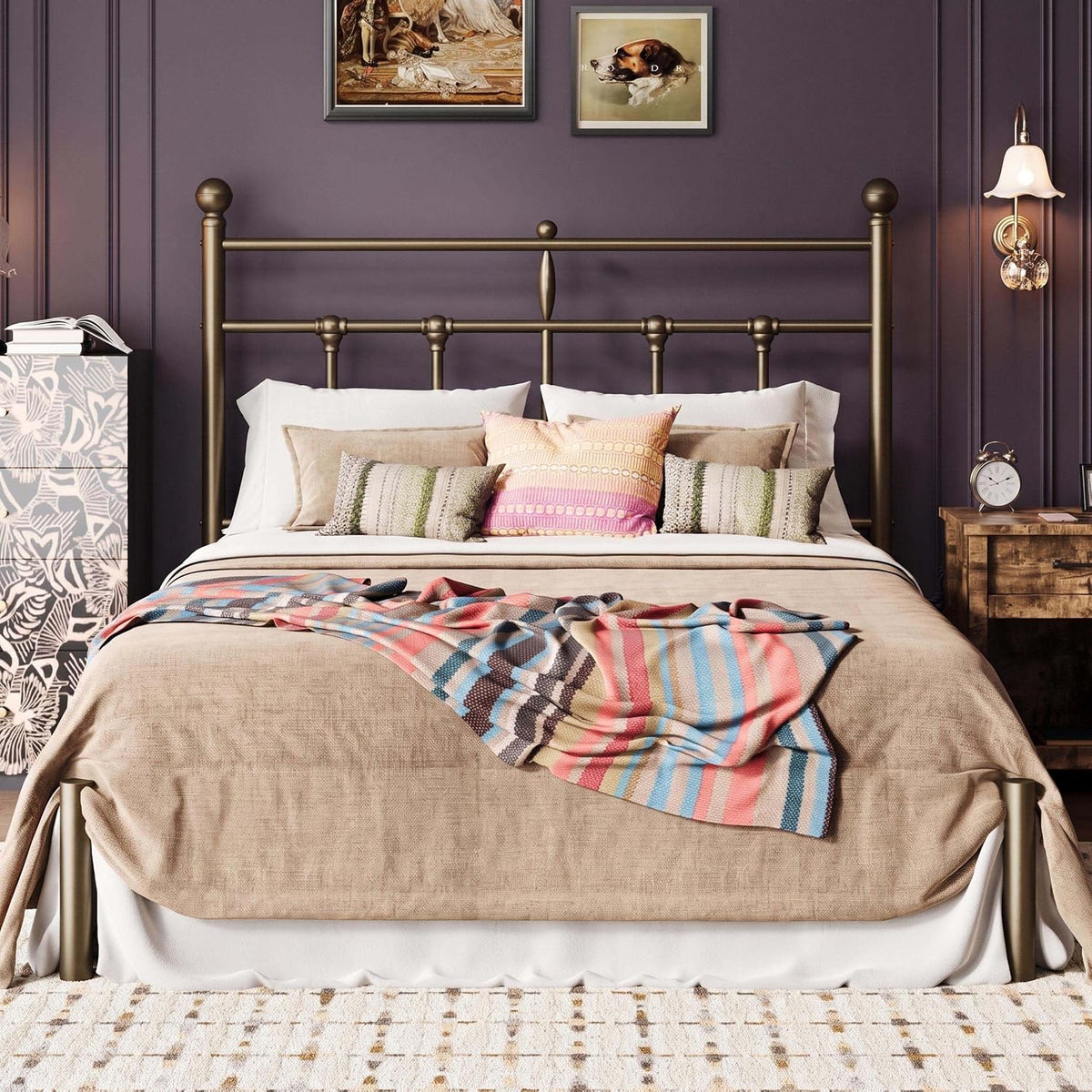 SHA CERLIN Queen Size Metal Platform Bed Frame with Victorian Vintage Headboard/Under Bed Storage/No Box Spring Needed/Easy Assembly/Noise Free/Mattress Foundation/Gold