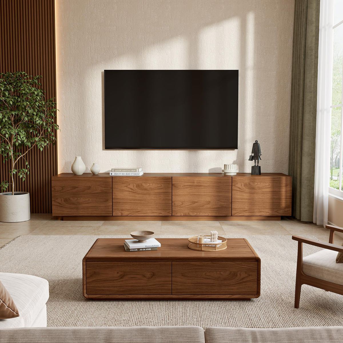 Mid-Century Modern TV Stand for TVs Up to 110", Walnut Wood Media Console with Storage Cabinets, Long Entertainment Center with Cable Management for Living Room (Wood Slat Base, 94.49")