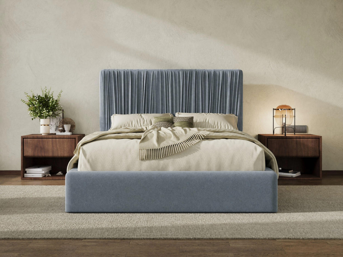 SHA CERLIN Queen Size Artisanal Pleated Velvet Bed Frame with Adjustable Headboard, Luxurious Upholstered Floor Platform Bed, Modern Low Profile Frame, Green